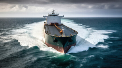 Cargo tanker on the way across the ocean, sea. Export import of goods. Commercial delivery. AI generated.