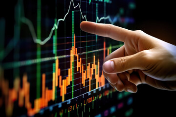 Businessman hand touching stock market graph on virtual screen. Financial and investment concept.