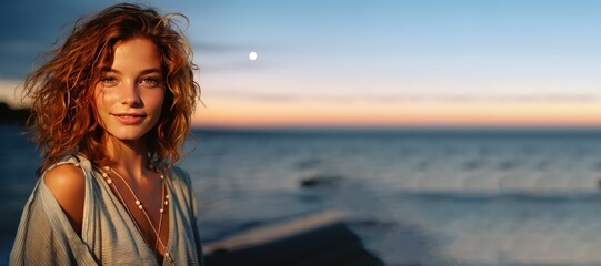 A beautiful, happy girl on the beach, a paradise island, pale skin, blue hour.