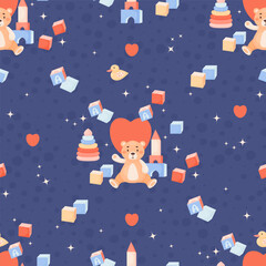 Children seamless pattern. Plush toy teddy bear, duck, cubes and pyramid on blue background. Vector illustration in cartoon style. Cute kids collection