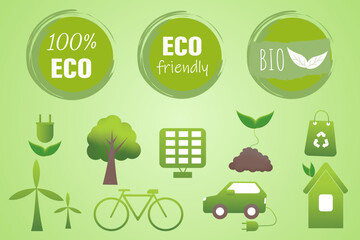 Renewable energy illustration. Symbols showing eco-friendly living and the environment. Icons symbolizing recycling. Vector illustration