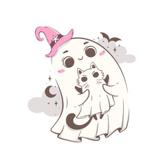 cute cartoon ghost flies with a cat in a ghost costume. Halloween character vector illustration in pink retro colors.