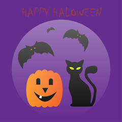 happy halloween, vector illustration, pumpkin, cat, bat, cat, cat and cat in cartoon style.