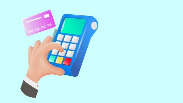 Payment terminal, a modern POS-bank payment device.
A payment device with an NFC keyboard. A credit card reader.
Animation of a contactless payment system.
