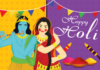 Obraz na płótnie Canvas Vector illustration poster of Happy Holi, Lord krishna and radha playing holi on background of color bowl and water gun. happy holi, happy holi images, happy holi wishes, holi greetings, holi wishes 