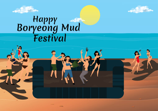 Vector illustration of Happy Boryeong Day of South Korea, youngster enjoying mud festival on beach. happy boryeong day, happy boryeong day image.
