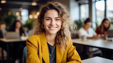 Fototapeta premium beautiful happy woman in yellow jacket