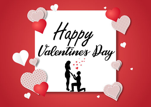 Vector silhouette illustration of Happy Valentines Day, boy bending on his knees for proposing girl with heart on red background. happy valentine day, happy valentine day image, valentine day, valenti