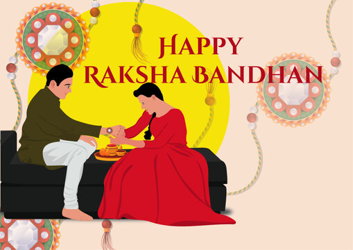 Vector illustration poster of Happy Raksha Bandhan festival. Sister tying rakhi to her brother, and showing rakhi hanging on background. happy raksha bandhan image, raksha bandhan, happy raksha bandha