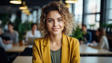 Fototapeta premium beautiful happy woman in yellow jacket
