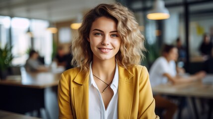 beautiful happy woman in yellow jacket