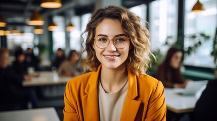 beautiful happy woman in yellow jacket
