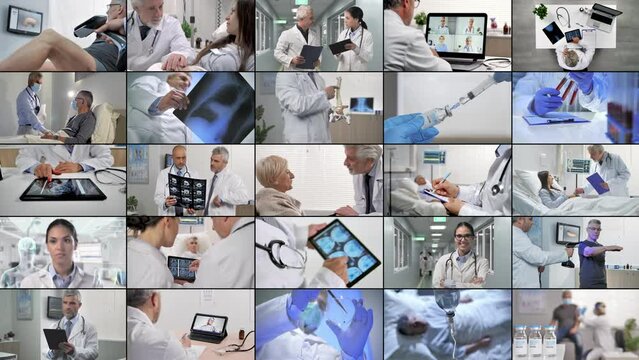 medical health care workers video montage spit multi screen,collage of healthcare professionals,equipment,patients,doctors working in hospital