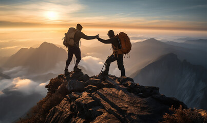 One hiker extending a hand to help a friend reach the summit of a mountain