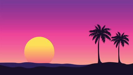 Fototapeta na wymiar sunset on the beach with palm trees wallpaper for computer laptop hd retro synthwave 