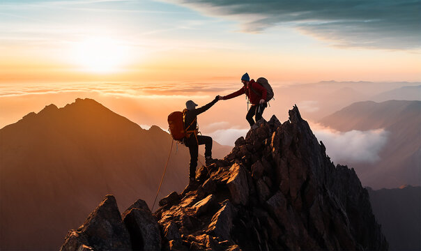 One hiker extending a hand to help a friend reach the summit of a mountain
