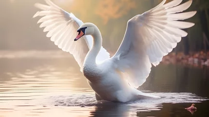 Fotobehang Mute swan flapping wings in the lake. © ZayWin