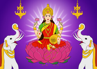 Vector illustration of Happy Diwali, Wealth Goddess Mahalakshmi sitting on a lotus and showering gold coins on purple background. happy diwali, diwali, deepavali, happy diwali images, goddess mahalaks