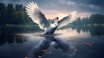Mute swan flapping wings in the lake.