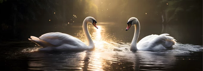 Rolgordijnen Two white swans in romantic love at lake © ZayWin