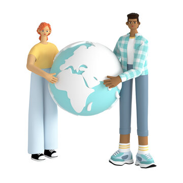 A man and a woman are holding a planet in their hands. The concept of renewable green energy. corporate environmental protection and the return to society of the social sphere. 3d render illustration