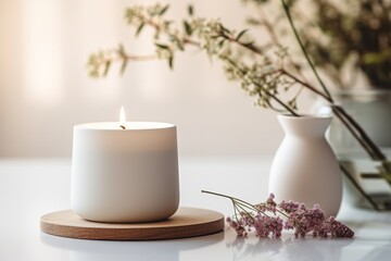 Scented candle on a white table with vase. Cosy interior details