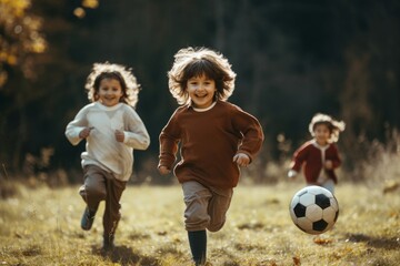 Obraz na płótnie Canvas Little children playing football in park. Generate Ai