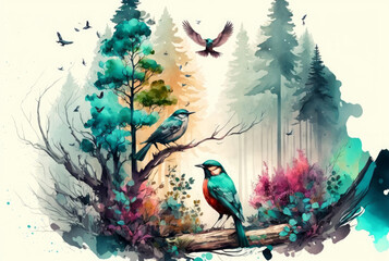Watercolor painting of a forest landscape with birds, butterflies and trees, Generative AI