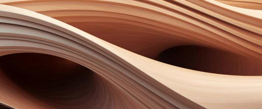 Anamorphic video abstract of wooden pattern, twisted shape, architecture details, Perspective of future building design, Parametric wall. 3D animation.