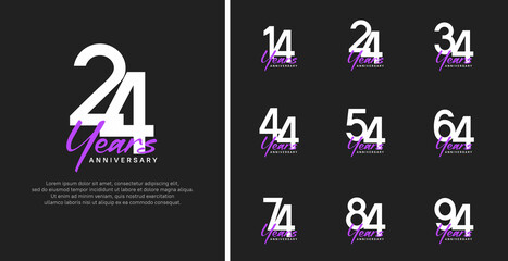set of anniversary logo flat white color number and purple text on black background for celebration