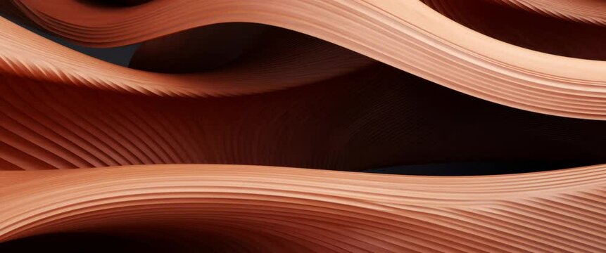Anamorphic video abstract of wooden pattern, twisted shape, architecture details, Perspective of future building design, Parametric wall. 3D animation.