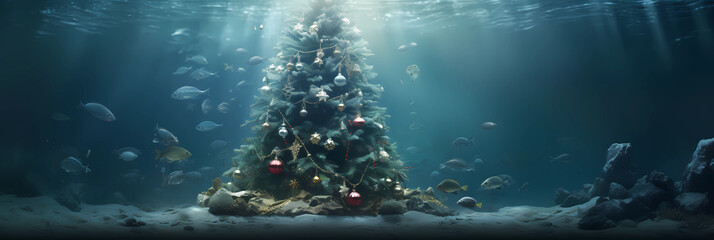 beautiful decorated christmas tree under water - obrazy, fototapety, plakaty