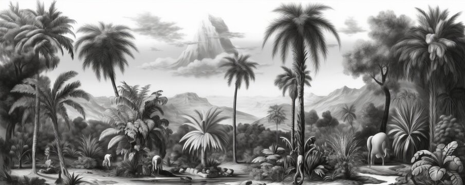 Vintage wallpaper - an oasis of palm trees, mountains with birds with a black and white background, Generative AI