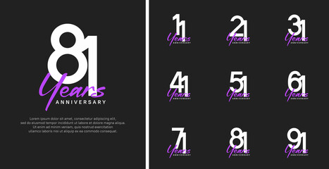 set of anniversary logo flat white color number and purple text on black background for celebration