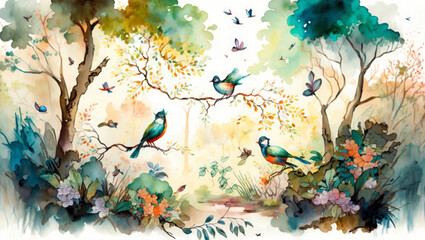 Obraz na płótnie Canvas watercolor painting of a forest landscape with birds, butterflies and trees, Generative AI