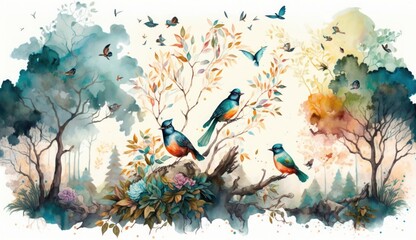 watercolor painting of a forest landscape with birds, butterflies and trees, Generative AI