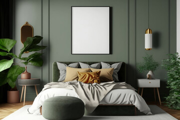Home bedroom interior mockup with bed, green wall, pillows and plants on empty frame wall background. Free space, Generative AI