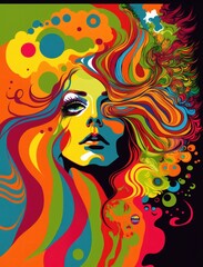 Sexual beautiful woman psychedelic digital Artwork. Pop art vivid portrait of a young woman abstract painting illustration for printing on fabric or paper, poster or wallpaper, house decoration