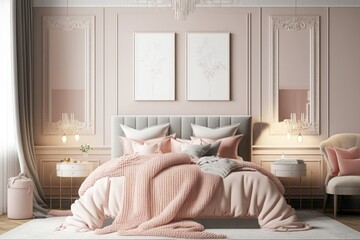 Design of luxury bedroom with pink classical interior Cozy cream colored woolen blanket on king size bed in bright bedroom bedroom classic, Generative AI