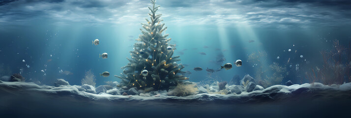 beautiful decorated christmas tree under water - obrazy, fototapety, plakaty
