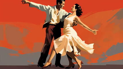 artistic colorful illustration of a lindy hop dancing couple in a retro outfit