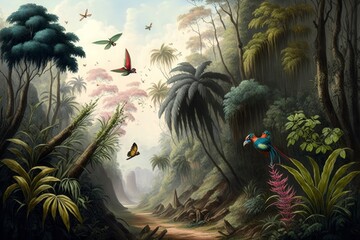 Jungle wallpaper, tropical forests with valleys, colorful birds and butterflies, Generative AI