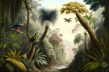 Jungle wallpaper, tropical forests with valleys, colorful birds and butterflies, Generative AI