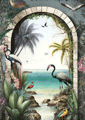 Tropical wall arch wallpaper palm trees, birds Birds Grus grus and parrot in the Beach land escape with flying butterflies, Generative AI