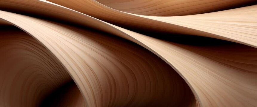Anamorphic video abstract of wooden pattern, twisted shape, architecture details, Perspective of future building design, Parametric wall. 3D animation.