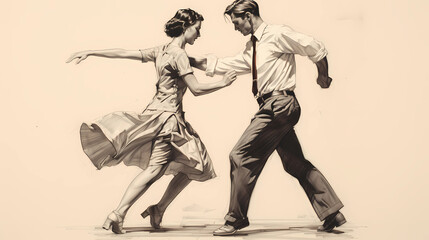 artistic black and white illustration of a lindy hop dancing couple in a retro outfit