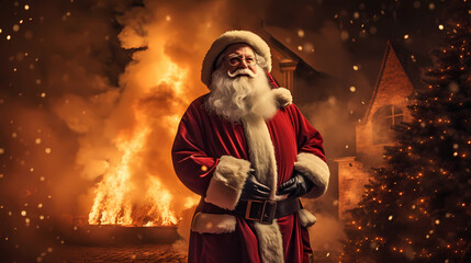 santa cluas standing in front of a burning christmas tree, fire inferno at christmas eve, horror christmas
