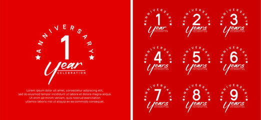 set of anniversary logo flat white color number and white text on red background for celebration