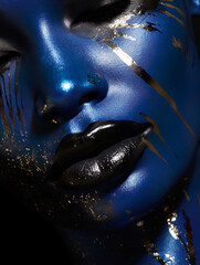 Artistic blue paint and white powder makeup portrait. Expressive blue body painting.