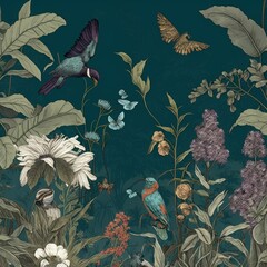 wallpaper vintage jungle pattern with birds plants and flowers and tiffany background, Generative AI